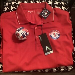 Antigua Red Texas Rangers Polo with Chest Patch and Genuine MLB Rangers Baseball